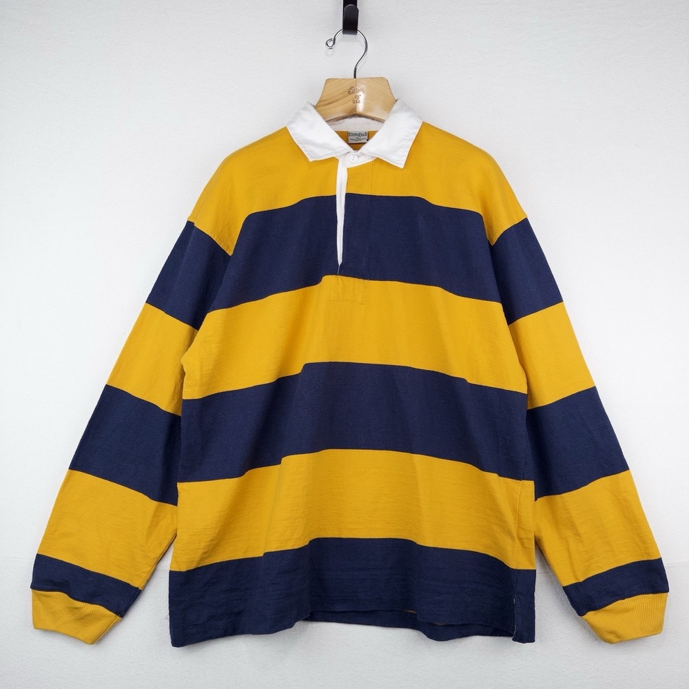 80's Vtg Steeplechase Men's XL Yellow Blue Striped Long Sleeve Polo Rugby